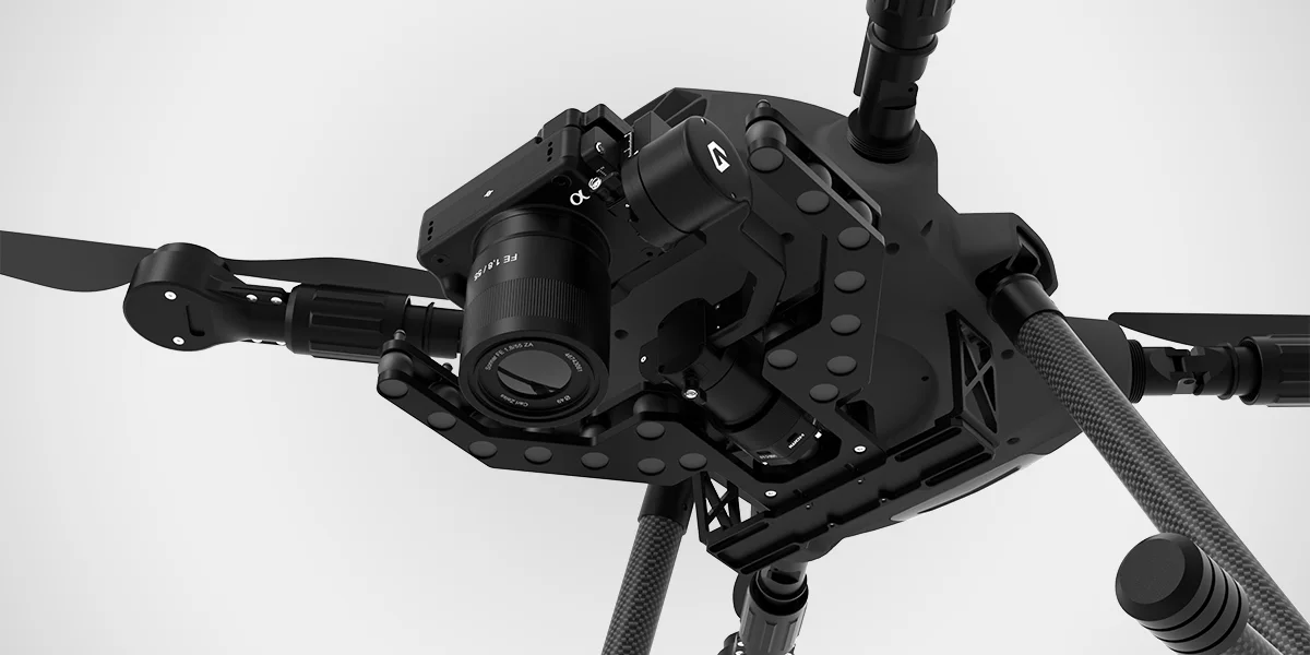 Two-axis Pixy LR mounted on an industrial drone carrying a Sony ILX-LR1 camera